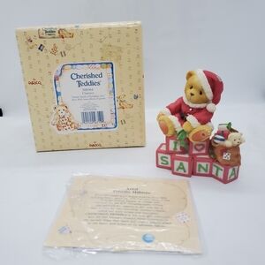 New CHERISHED TEDDIES Clarence Winter BEAR FIGURINE RETIRED 1998 Santa blocksM